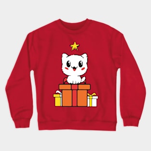 Cute Cat on Christmas gift looking at a star Crewneck Sweatshirt